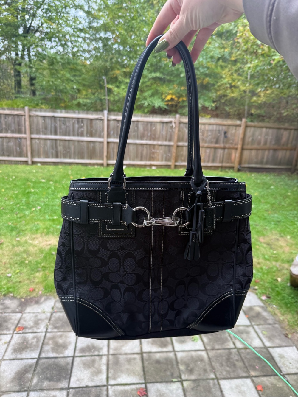 Coach Black Signature Canvas Shoulder Tote with Silver Hardware